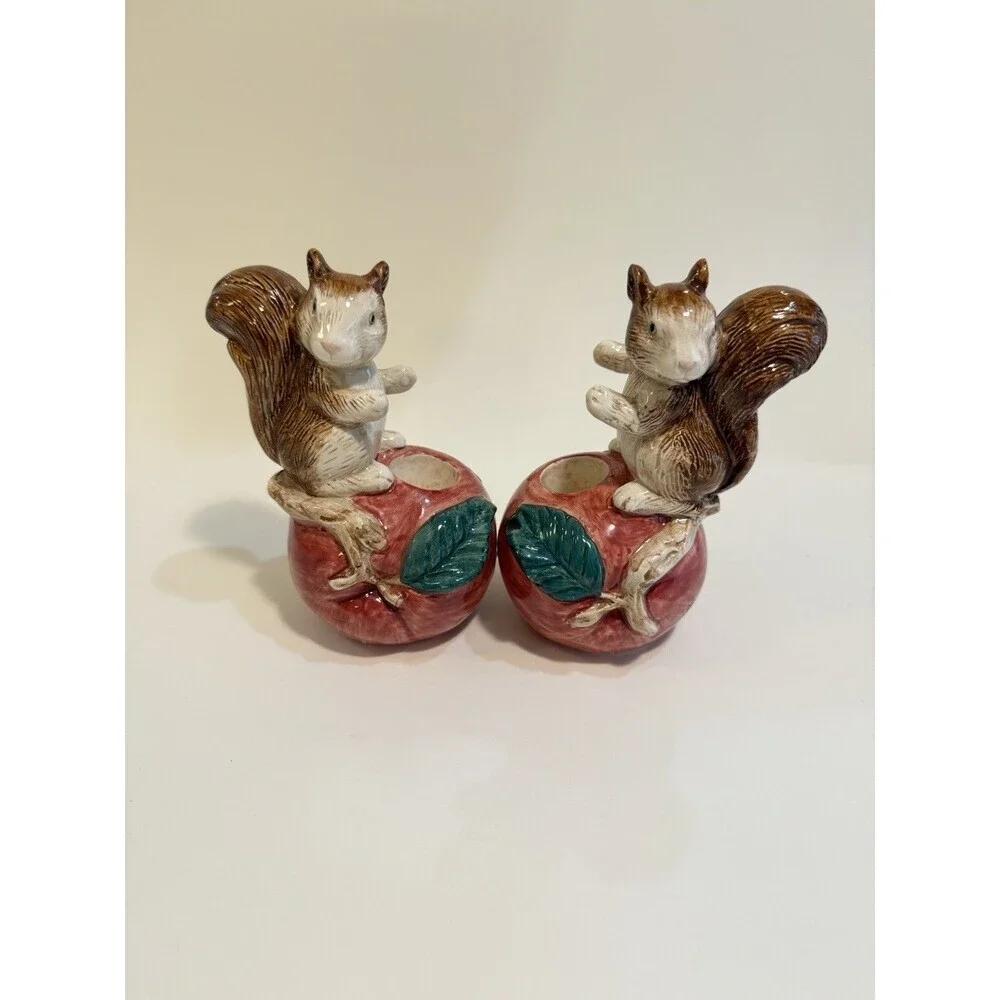 Vintage OCI Omnibus Fits & Floyd Candle Holders Squirrels Set Of 2 Ceramic